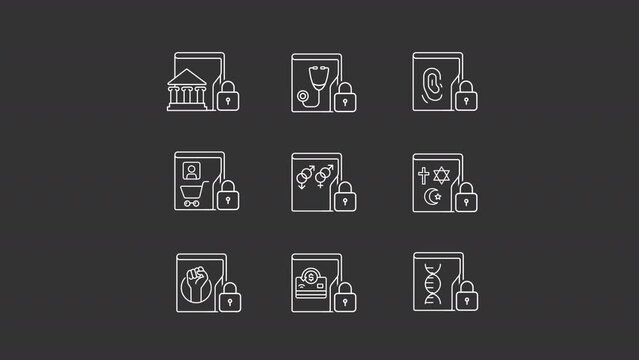 Animated safe data white line icons. Information classification. Sensitive content. Loop HD video with alpha channel on transparent background, black solid background. Outline motion graphic animation