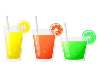 Set glasses of lemon,lime,orange juice, and a sliced. Natural fresh squeezed juice. Healthy diet. The design concept of a web page,advertising,cafe,menu. Vector illustration