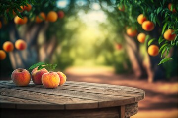 Focus peach fruit on the wood table with blurred peach tree background. Concept of blank space for advertising product. Finest generative AI.
