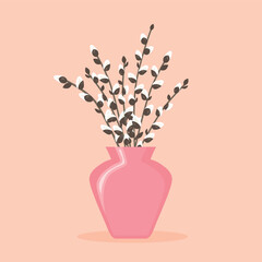 bunch of spring, easter pussy willow branches in a vase- vector illustration