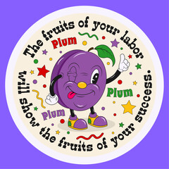 Retro, vintage funny comic character fruit cartoon sticker. Violet plum with happy smiling face, colorful flat style character with typography elements. Vector illustration of fruit in trendy style.