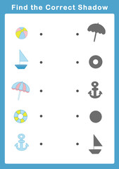 Shadow matching game for kids. Educational game for children. Find the right shadow of cute illustration. 