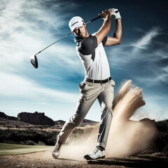 Golfer in golf swing created with Generative AI technology - obrazy, fototapety, plakaty
