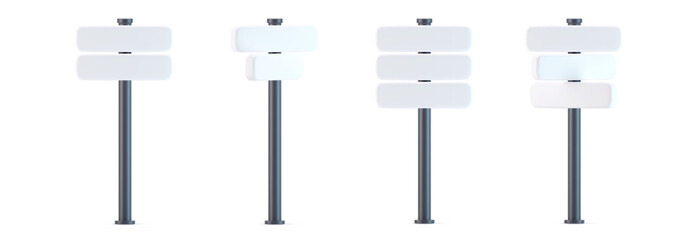 Naklejka premium 3d direction road sign icons set with shadow isolated on gray background. Render of template crossroad street sign to choose the right direction and street. 3d cartoon simple vector illustration