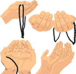 a set of hands with prayer beads on a white background