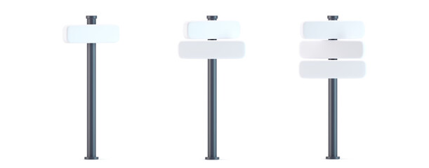 3d direction road sign icons set with shadow isolated on gray background. Render of template crossroad street sign to choose the right direction and street. 3d cartoon simple vector illustration