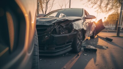 Crashed Car after Car Accident Scene Illustrating Legal Consequences and Actions. Generative ai illustration