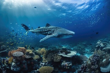 Whale shark visited a stunning coral reef with tropical fish in the central Pacific, as seen in the background of this panorama. Generative AI