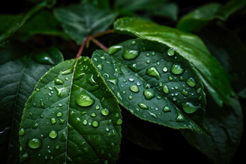 Sunlit Green Leaves with Raindrops