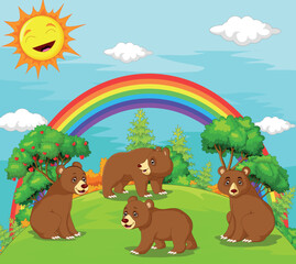 Family Of Bear Cartoon with Landscape Background
