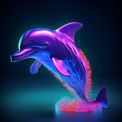 3d Dolphin catoon, glowing, neon, mystic sea