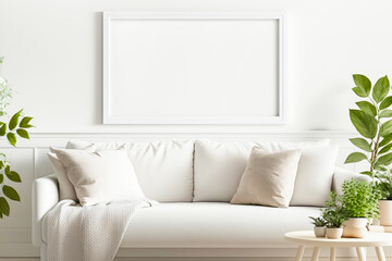 Fototapeta premium White empty frame mockup on empty white wall in Boho style living room interior with green plants. Generative AI.