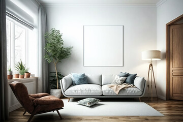 White empty frame mockup on empty white wall in living room interior with green plants. Generative AI.