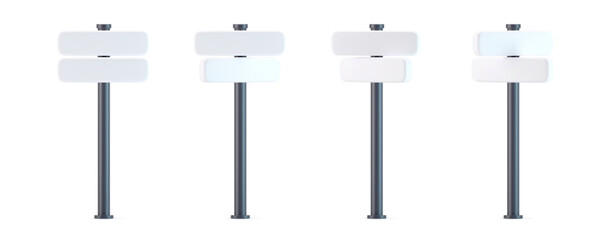 3d direction road sign icons set with shadow isolated on gray background. Render of template crossroad street sign to choose the right direction and street. 3d cartoon simple vector illustration