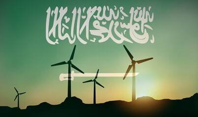 Saudi Arabia flag wind farm at sunset, sustainable development, renewable energy Wind Turbines
