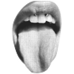 Halftone lip. Female lip with tongue and piercing. Trendy png  pieces. Modern forms for card, print on clothes. Creative collage. - 584718923