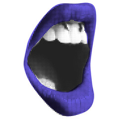 Halftone lip. Female lip with tongue and piercing. Trendy png  pieces. Modern forms for card, print on clothes. Creative collage. - 584718981