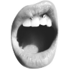 Halftone lip. Female lip with tongue and piercing. Trendy png  pieces. Modern forms for card, print on clothes. Creative collage. - 584718983