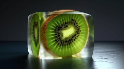 Naklejka na ściany i meble Slices of kiwi inside of ice cube, generative ai