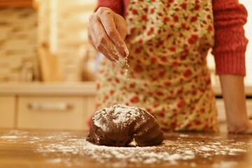Image of hand sprinkling flour on dough. Close-up of woman sprinkling flour on the dough she kneaded in the kitchen.