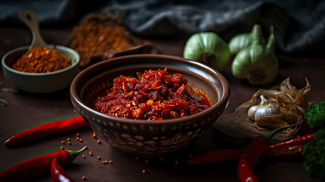 Sambal Ulek is a spicy traditional food from Indonesia made from many chillies, Generative AI