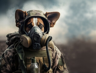 Generative ai, Canine Warrior Dog Dressed as a Soldier Wearing a Gas Mask and Camouflage Gear in a Fantasy World.