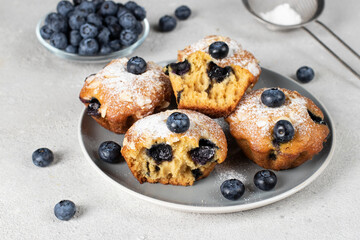 Homemade muffins with blueberry and almonds sprinkled with powdered sugar on plate on gray plate, Close up