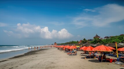 Fototapeta na wymiar Kuta Beach , Indonesia , A large crowd of tourists enjoy summer on Kuta beach in Bali, Wonderful Indonesia, Generative AI
