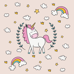 pattern with horses, flat illustration with a unicorn, clouds, stars and crowns