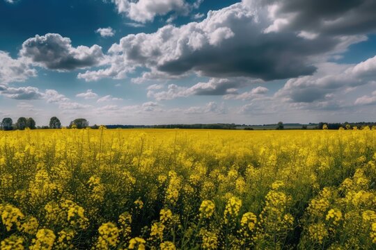 rapeseed field blue sky clouds summer beautiful view panorama landscape yellow flowers field blossoms. Generative AI