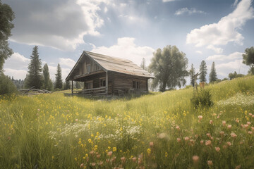 Fototapeta na wymiar Spring flowers, daisies on a field field meadow, barn house