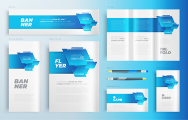 Squares style blue color Set flyer cover, tri-fold, banner, roll up banner, business card