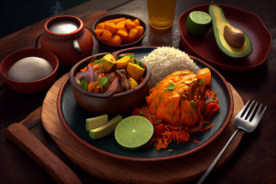Colombian dish with rice, meat and lime, Bocachico from monteria. Colombian cuisine
