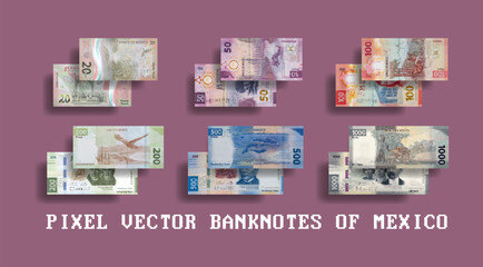Vector set of pixelated mosaic banknotes of Mexico. Notes in denominations of 20, 50, 100, 200, 500 and 1000 Mexican pesos. - obrazy, fototapety, plakaty