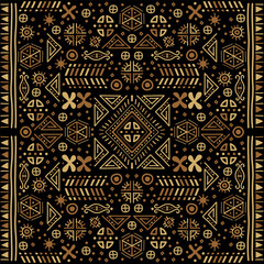 Geometric ethnic backdrop. Bright orange and black art decoration illustration. Vector tribal cover background, decorative african seamless,