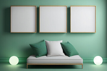 Minimalist green room in apartment with three empty big square poster in gold frame. Modern frontal 3d interior with furniture: sofa, pillows, lamp. Generative AI