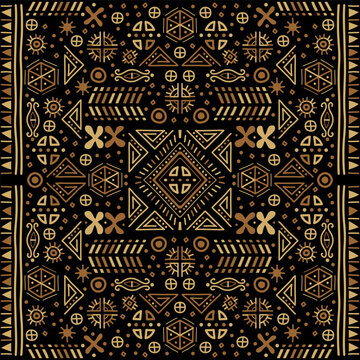 Geometric ethnic backdrop. Bright orange and black art decoration illustration. Vector tribal cover background, decorative african seamless,