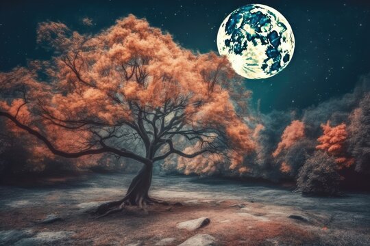 Beautiful autumnal fantasy with a full moon, a maple tree in the fall, and the Milky Way as the background. vintage toned artwork in a retro style. Generative AI