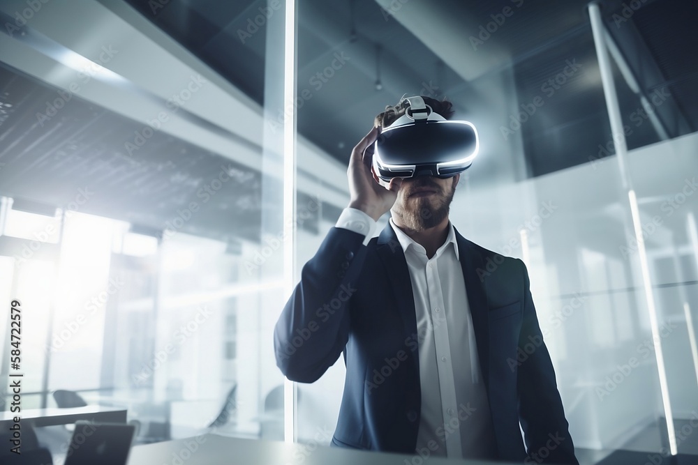 Wall mural business man using virtual reality headset in an office (ai generated)