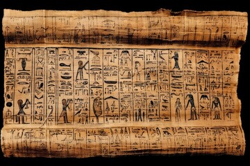 Ancient Egyptian hieroglyphics on a broad, textured papyrus scroll, isolated on white. Generative AI - obrazy, fototapety, plakaty