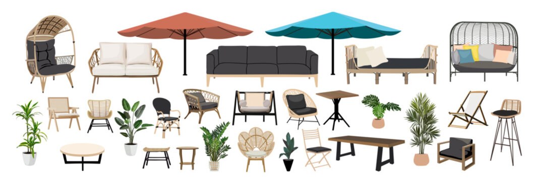 Patio furniture Set. Outdoor, porch zone, garden furniture with potted plants illustrations. Realistic vector cozy garden yard interior elements, rattan armchairs, tables, sofas, umbrellas isolated.