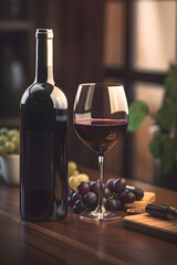 Glass of red wine with bottle and grapes on brown wooden table, Generative AI