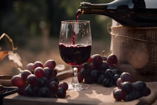 Red wine is poured into a glass from a bottle, grapes on a wooden table, Generative AI 1