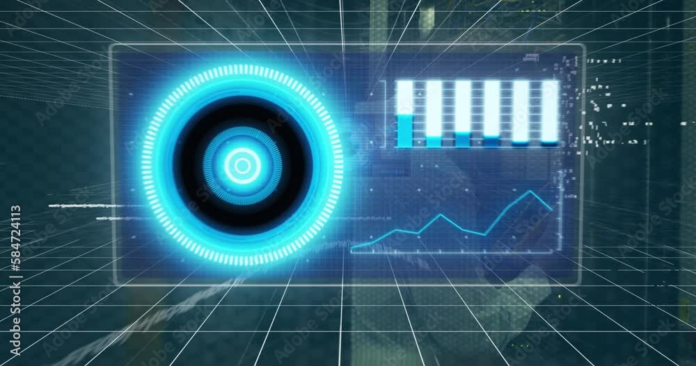 Poster animation of scope scanning and data processing over caucasian male it technician by computer server