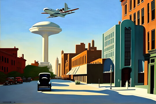 Edward Hopper-Inspired Cityscape Artwork, Generative AI 