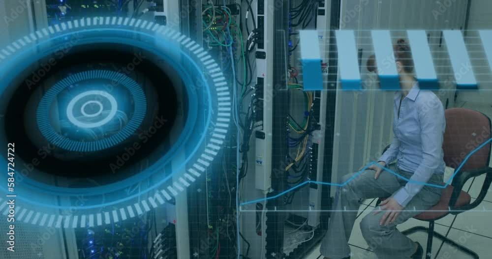 Poster animation of scope scanning and data processing over caucasian it woman computer server
