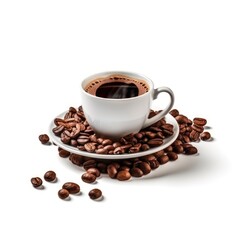 A white cup of hot coffee and beans around on white background