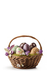 Obraz na płótnie Canvas Easter basket full of colorful eggs, created with generative AI