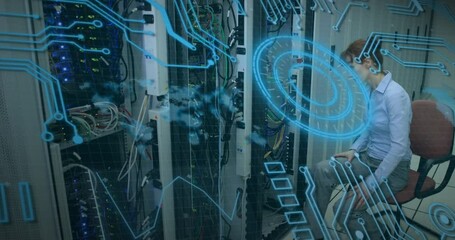 Animation of scope scanning and data processing over caucasian it woman computer server - Powered by Adobe