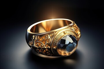 A Majestic Symbol of Royalty: Three-Dimensional Gold Ring with a Gem and Shiny Metal Bracelet Design, Generative AI